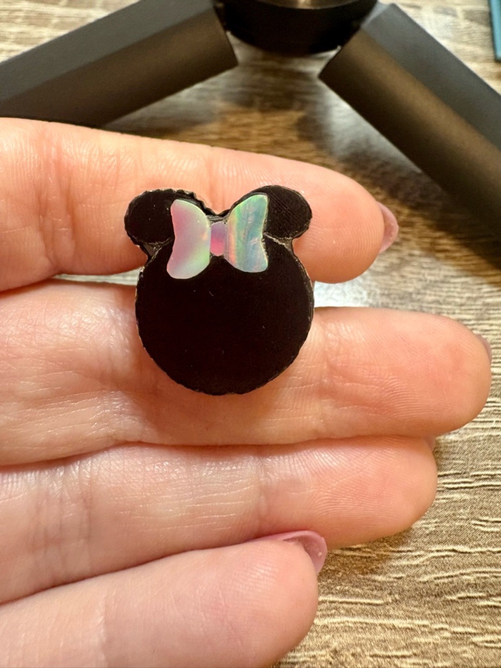 Black Onyx Minnie Mouse Ring Silhouette with Aurora Opal Iridescent Bow